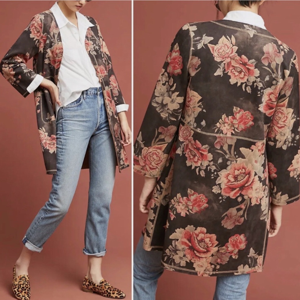 T Tahari Floral Faux Suede/Leather Riding Jacket Women’s Small Brown Tan Orange